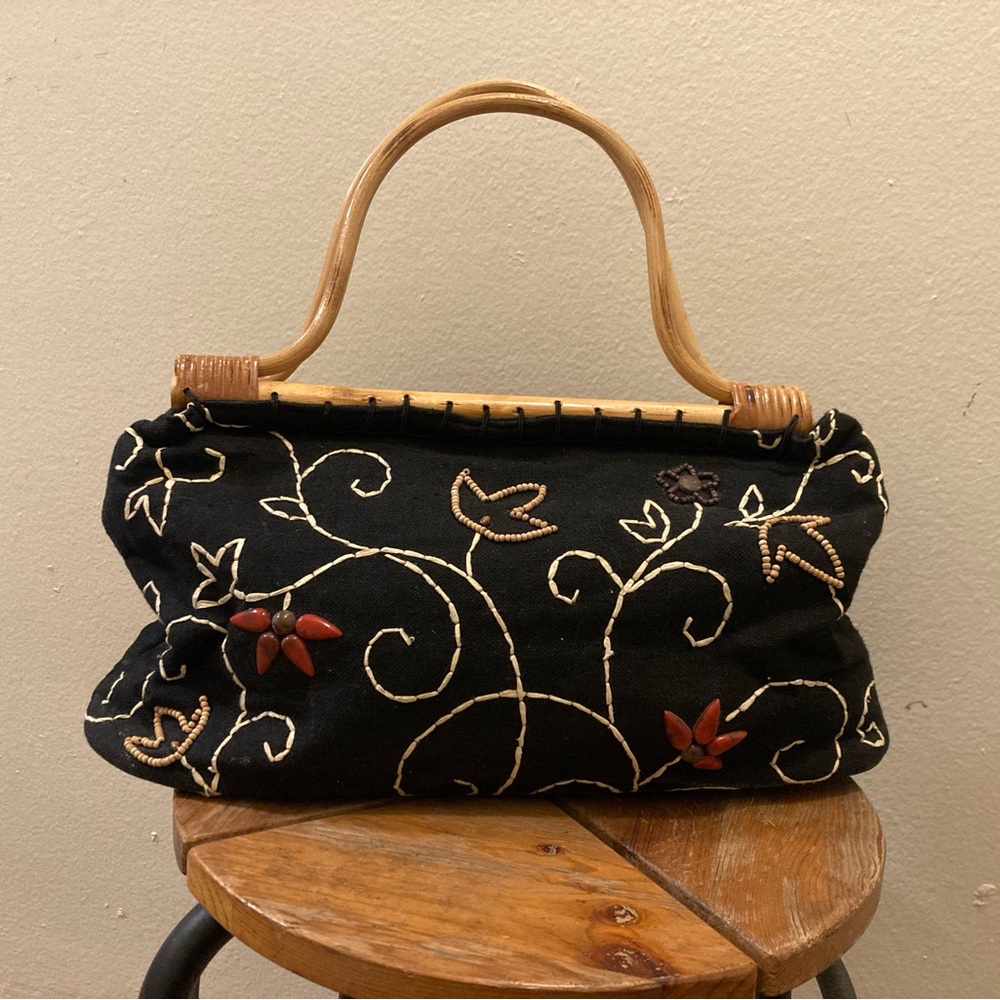 Embroidered Black Handbag with Bamboo Handle